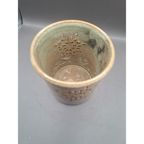 Art Pottery Brown Glazed Snowflake Candle Holder Artist Signed - Picture 5 of 16